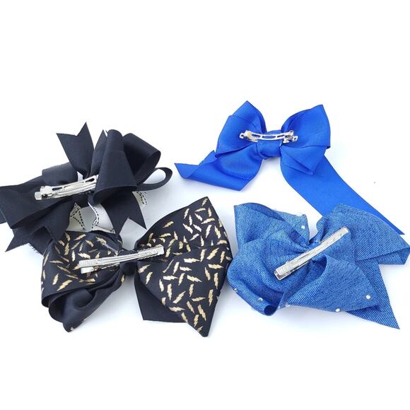 Lot of 4 Large Hairbows for Girls Black/White, Blue, Denim w/pearls, Black/Gold - Picture 2 of 2